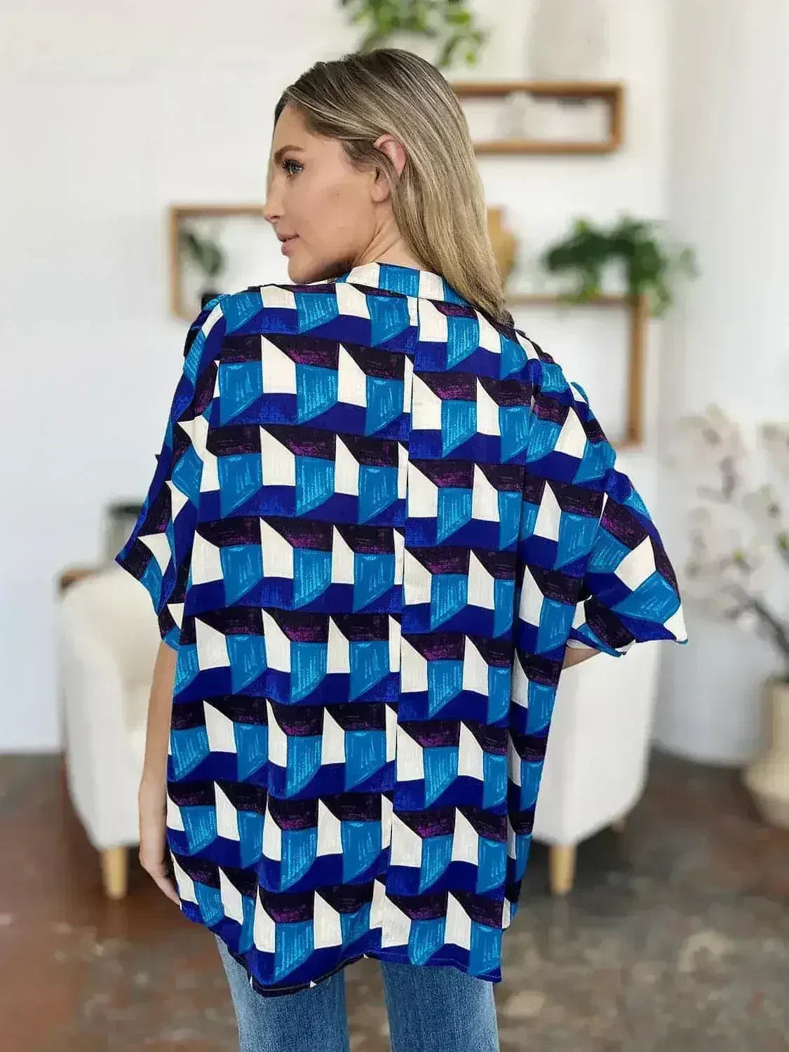 Geometric Notched Sleeve Blouse - Versatile Top | Femstylo