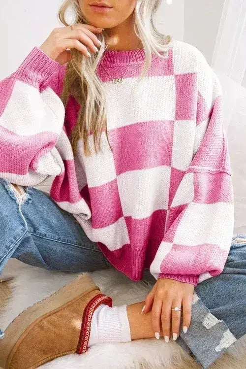 Orange Checkered Bishop Sleeve Sweater - Femstylo