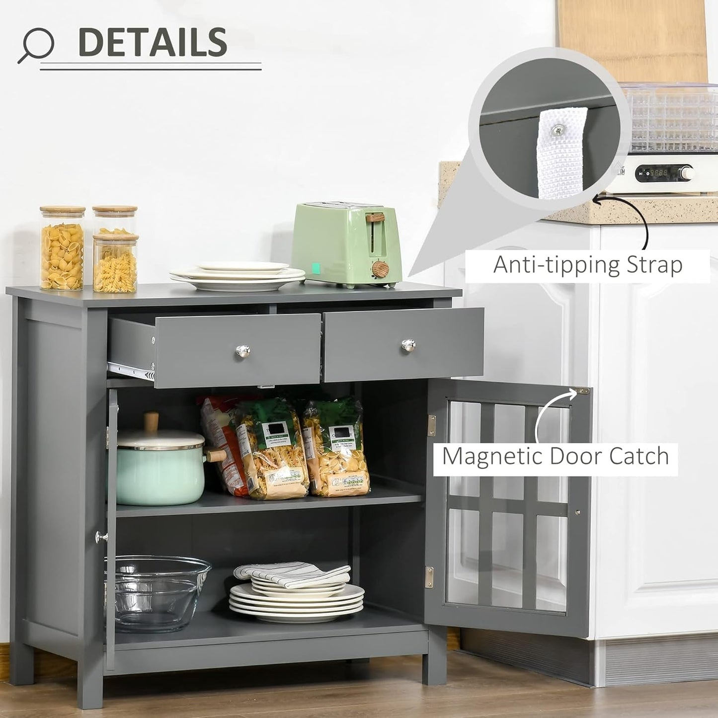 Gray Glass Door Kitchen Cabinet with Drawers | Home Decor | Kitchen + Metal