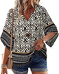 Big & Tall Clothing - Women's 3/4 Sleeve V-Neck Bohemian Peasant Blouse Loose Fit Tunic Top