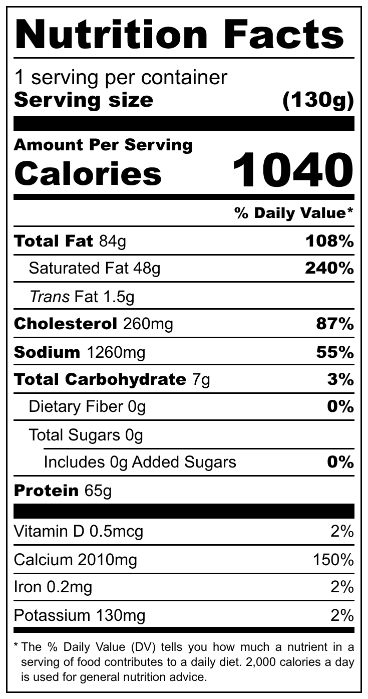 Nutrition facts label for a food product with detailed calorie count and nutritional content.