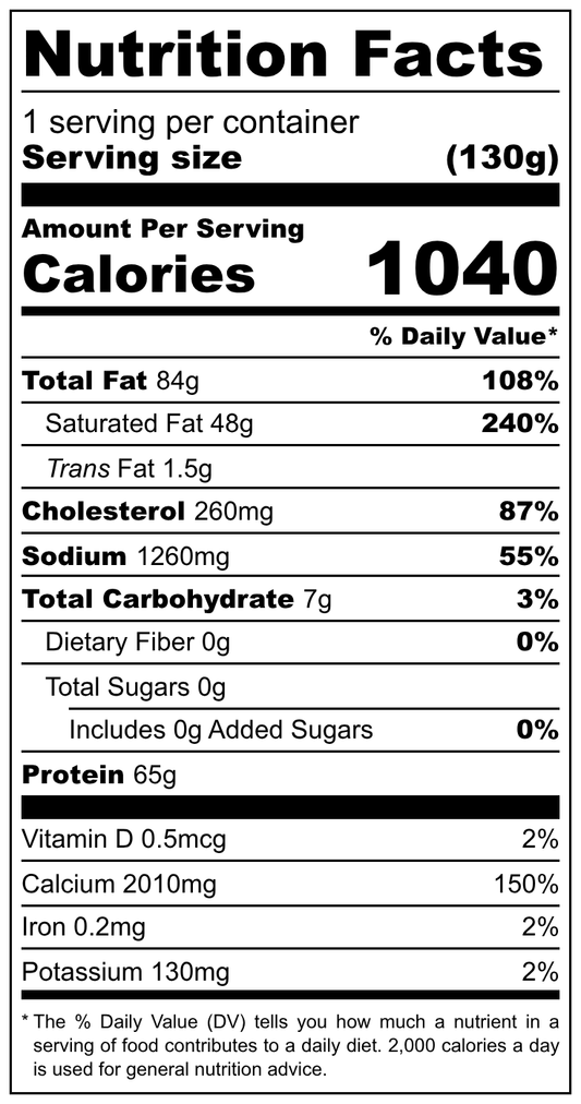 Nutrition facts label for a food product with detailed calorie count and nutritional content.