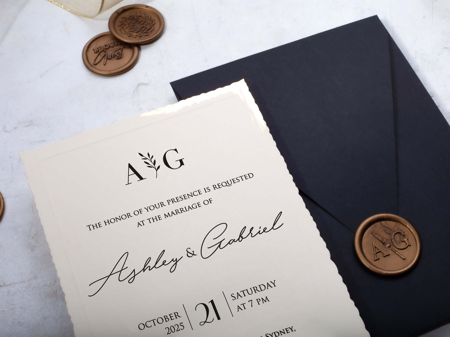 Minimalist Ivory Deckle Edge Wedding Invitation with Black Envelope