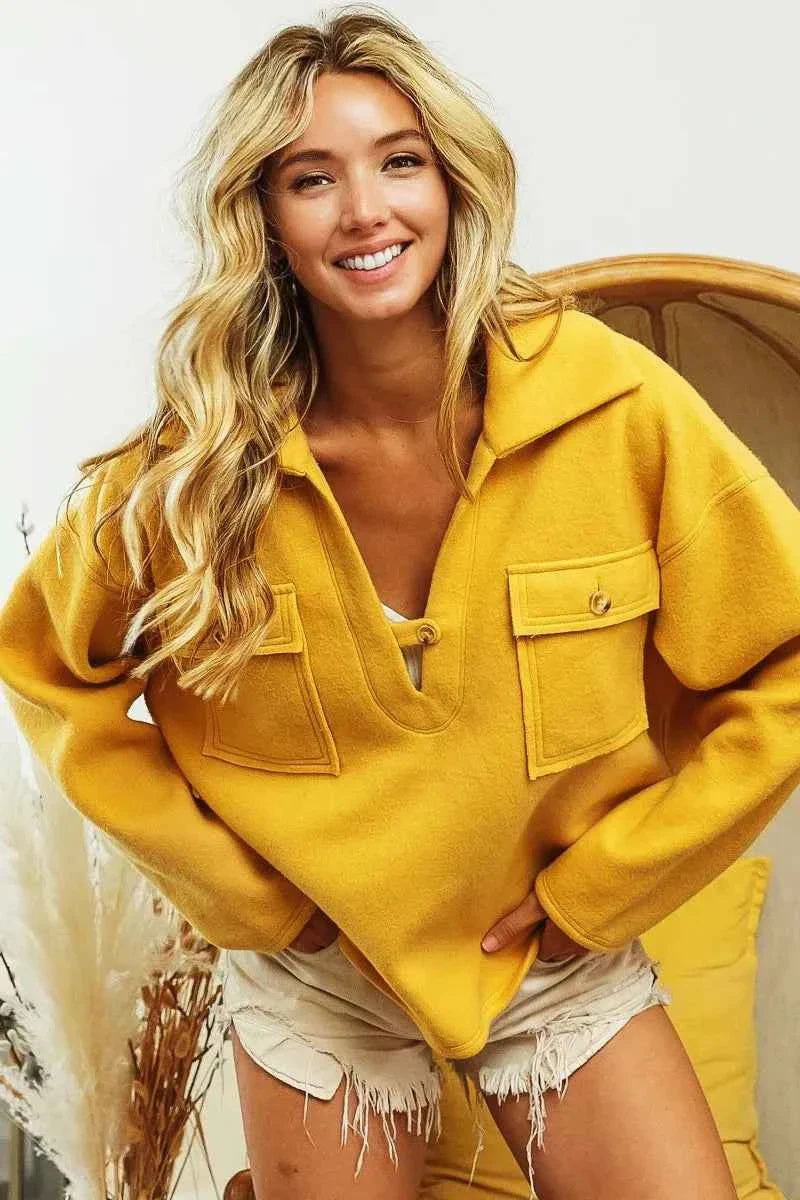 BiBi Fleece Collared Sweatshirt with Flap Pockets for Women