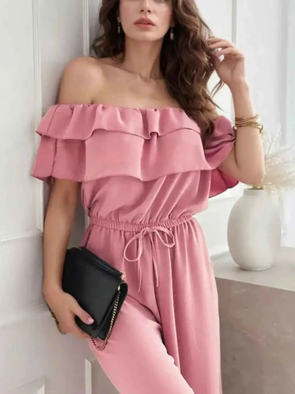 Wide Leg Jumpsuit - Off-Shoulder Ruffled Jumpsuit