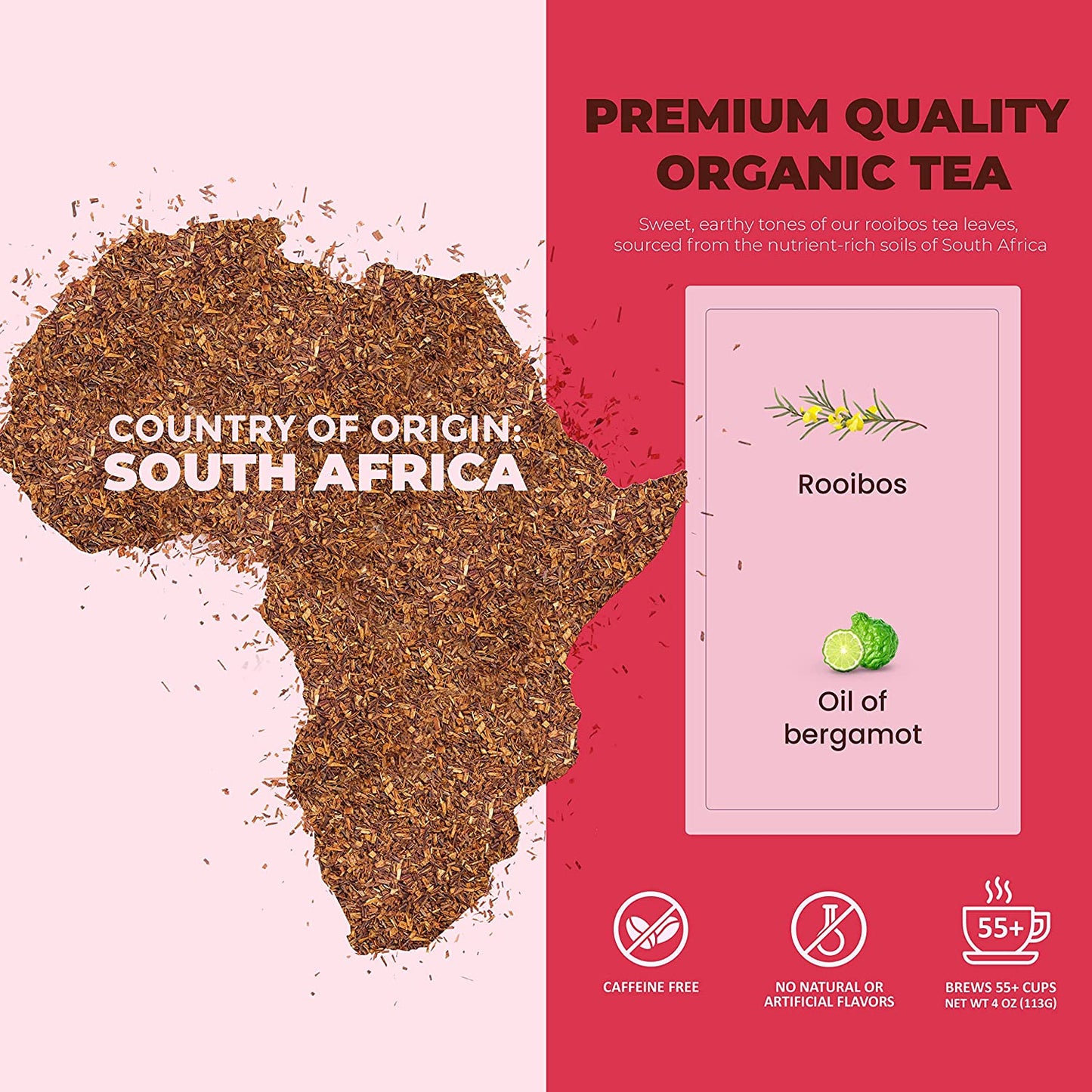 Earl Grey Rooibos Red Tea, Loose Leaf, USDA Organic, Kosher, Caffeine-Free – 4 Oz (113g)