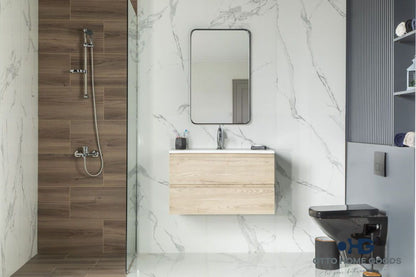 Simena 30" Oak Floating Bathroom Vanity with Porcelain Top