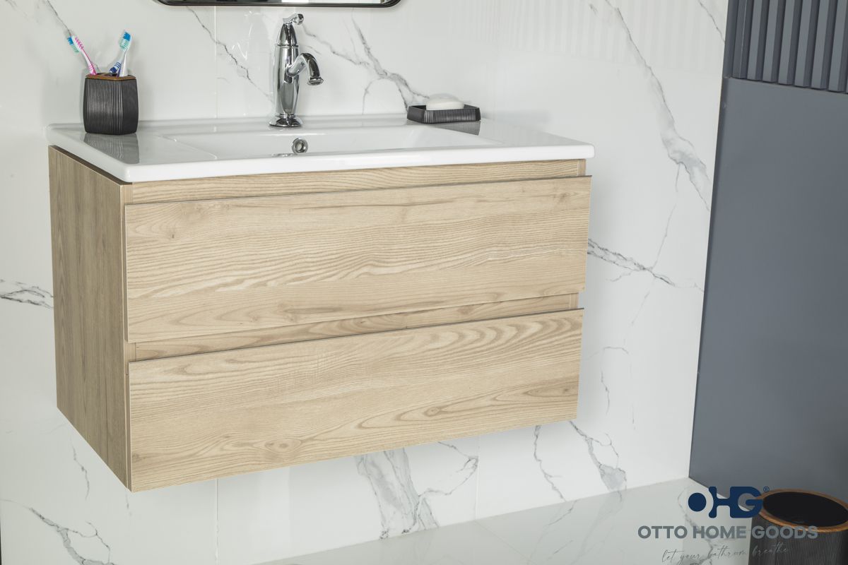 Simena 30" Oak Floating Bathroom Vanity with Porcelain Top