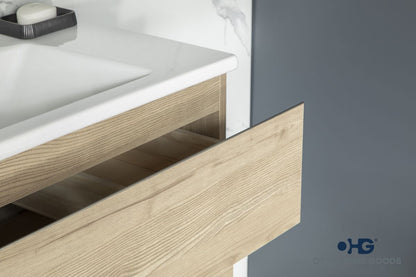 Simena 30" Oak Floating Bathroom Vanity with Porcelain Top