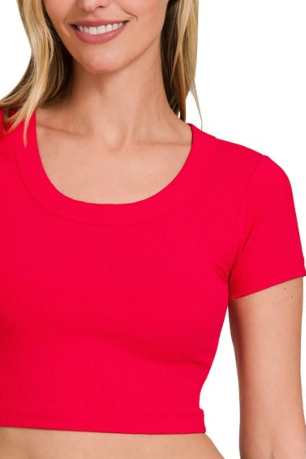 Zenana Ribbed Scoop Neck Crop Short Sleeve Top in Ruby