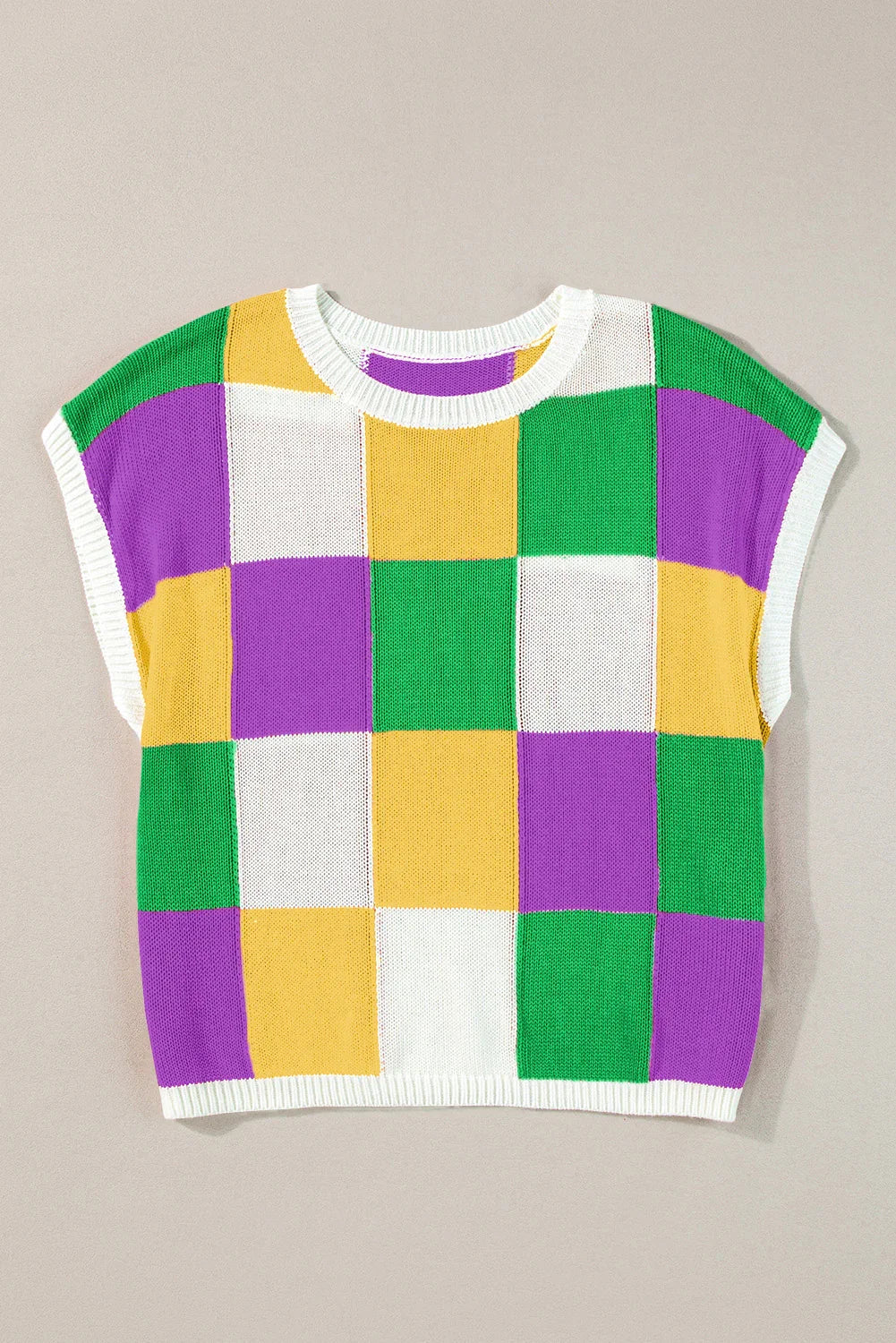Tillandsia Purple Checkered Color Block Cap Sleeve Mardi Gras Knitted Top