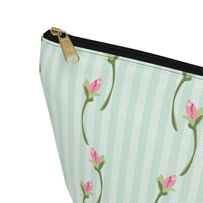 Customizable: Floral Print Accessory Pouch | Cute Makeup Bag, Travel Organizer, Gift for Her, Floral Clutch, Green Striped Bag