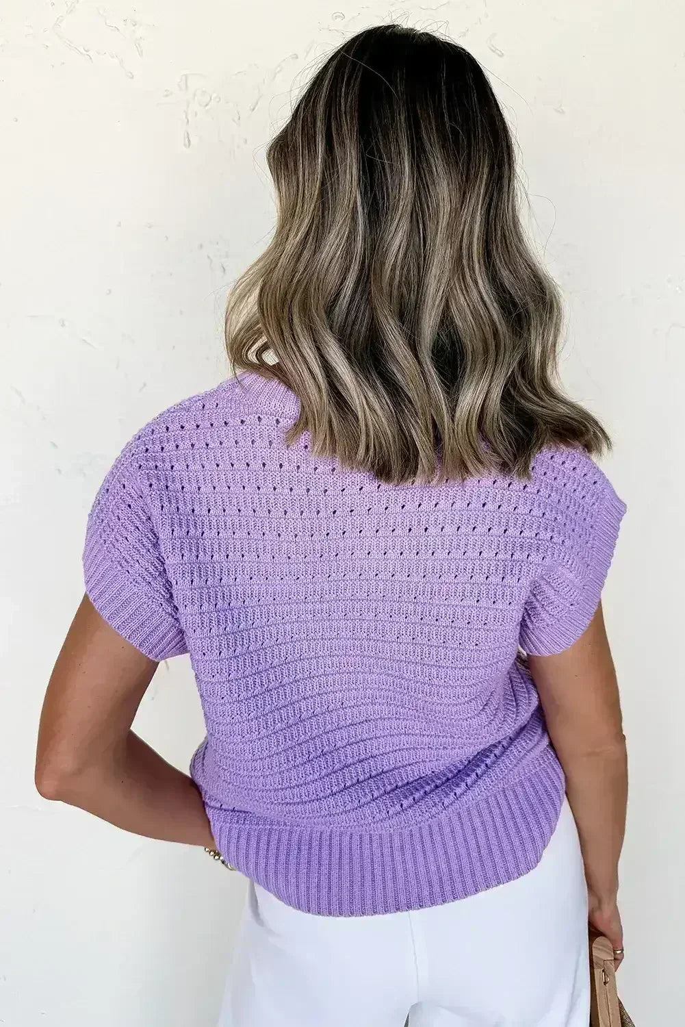 Lavendula Solid Color Ribbed Trim Pointelle Knit Top