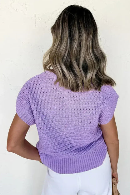 Lavendula Solid Color Ribbed Trim Pointelle Knit Top