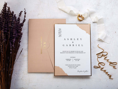 Beige Wedding Invitation, Gold Foil Frame, Beige Invitation and Envelope