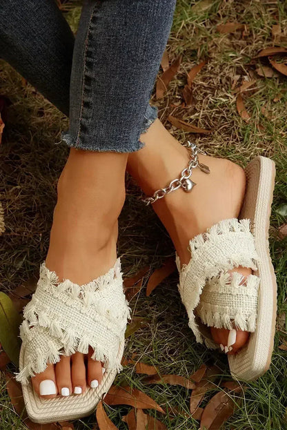 Beige Tassel Woven Crossed Straps Flat Slides Shoes