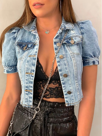 Crop Denim Jacket Wind Cut Retro Tattered Jeans Puff Sleeve Denim Jacket Top