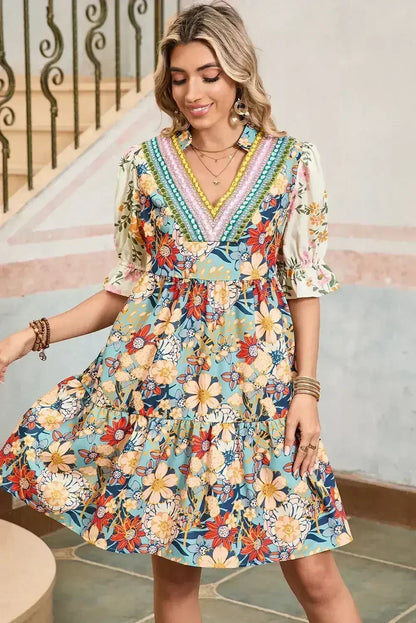 Multicolor Allover Floral Print Tiered Pop of Color Neckline Dress