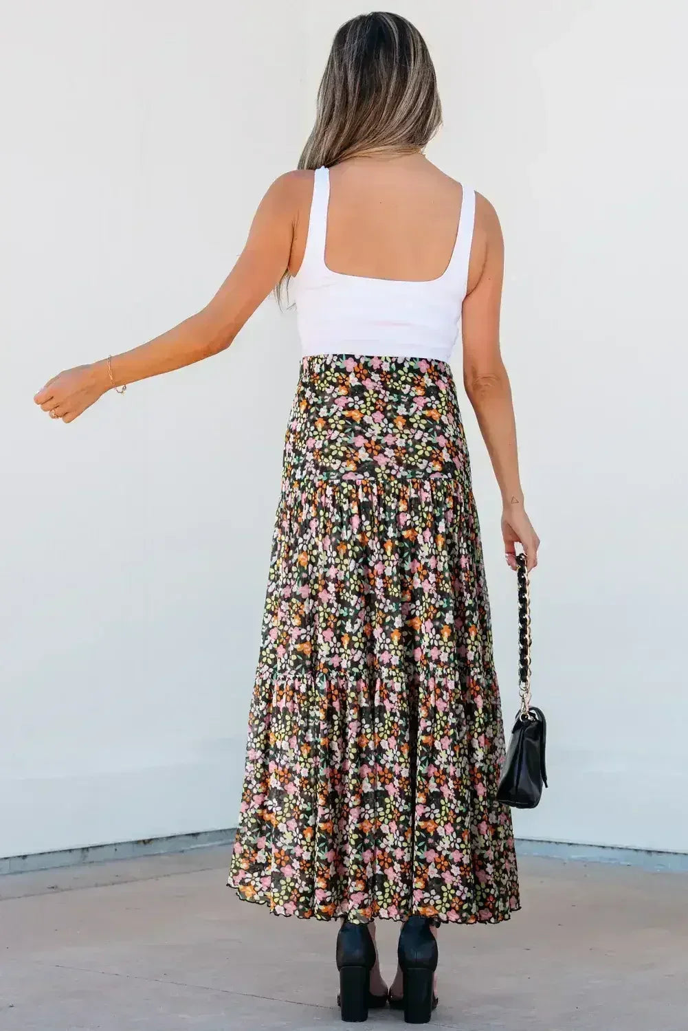 Brown Leopard Floral Reversible Ruffle Hem Maxi Skirt