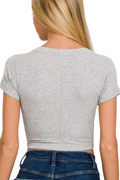 Zenana Ribbed Scoop Neck Crop Short Sleeve Top