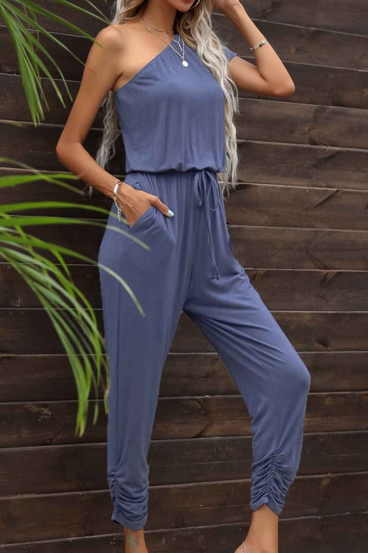 Gathered Waist One-Shoulder Jumpsuit with Pockets for Effortless Style