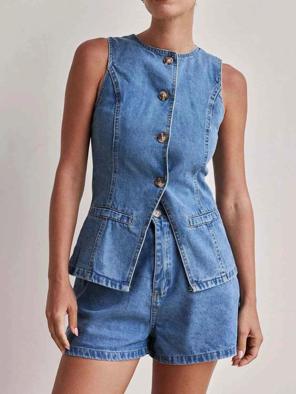 Button Down Vest and Shorts Denim Set