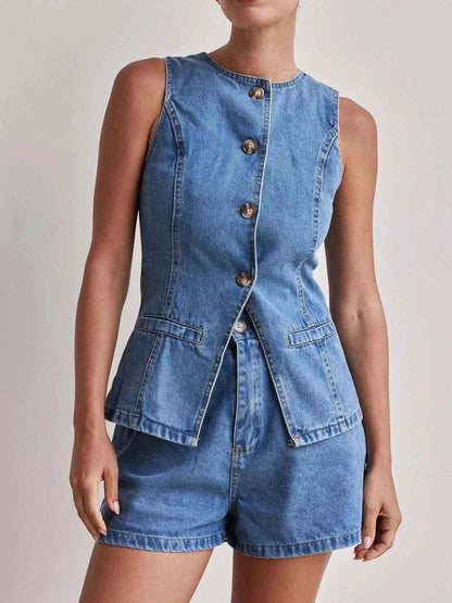 Button Down Vest and Shorts Denim Set