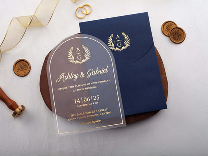 Modern Arch Acrylic Wedding Invitation with Blue Envelope