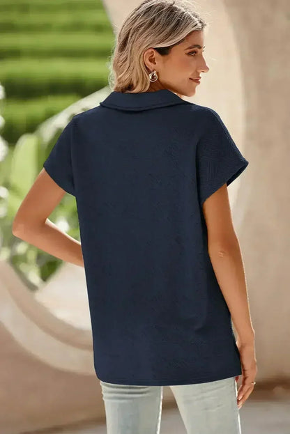 White Textured V Neck Collared Split Hem T Shirt