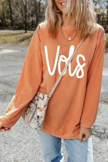 Orange Vols Letter Graphic Crinkle Ribbed Oversized Sweatshirt