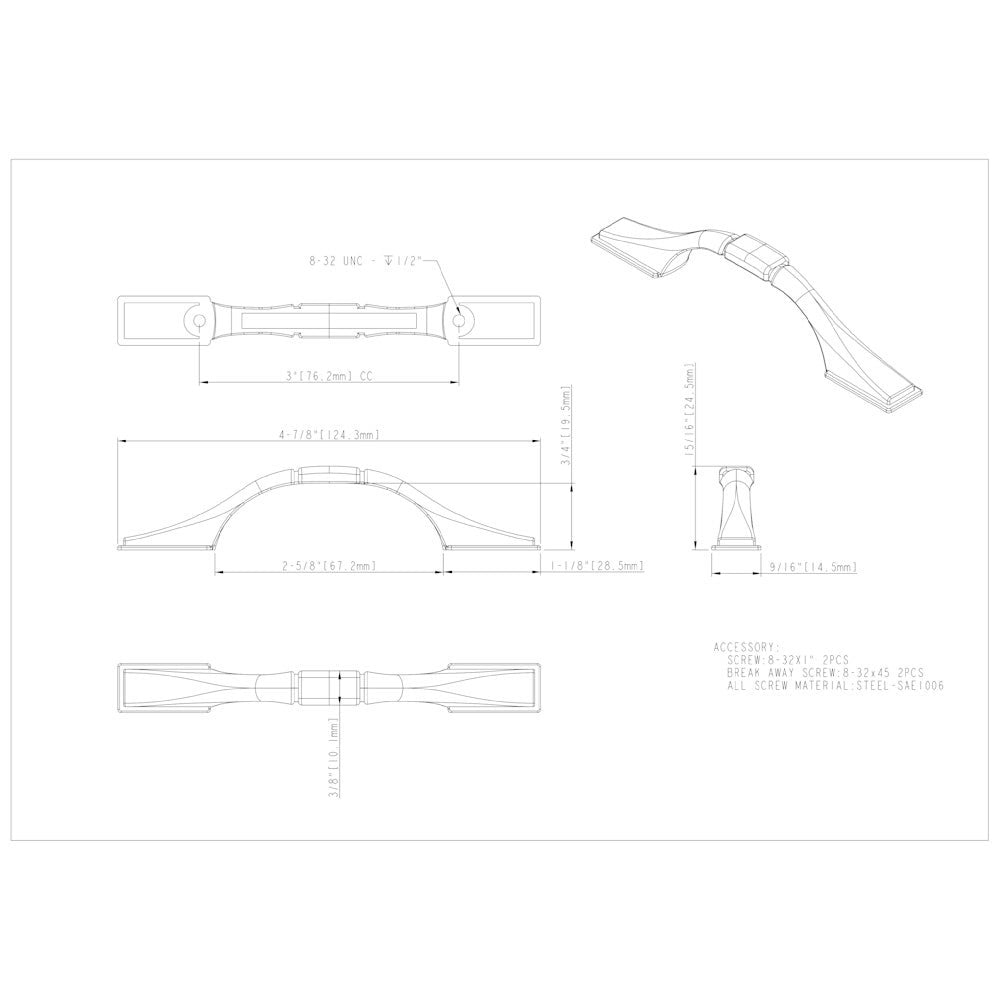 3" Center-to-Center Satin Nickel Square Hammond Cabinet Pull