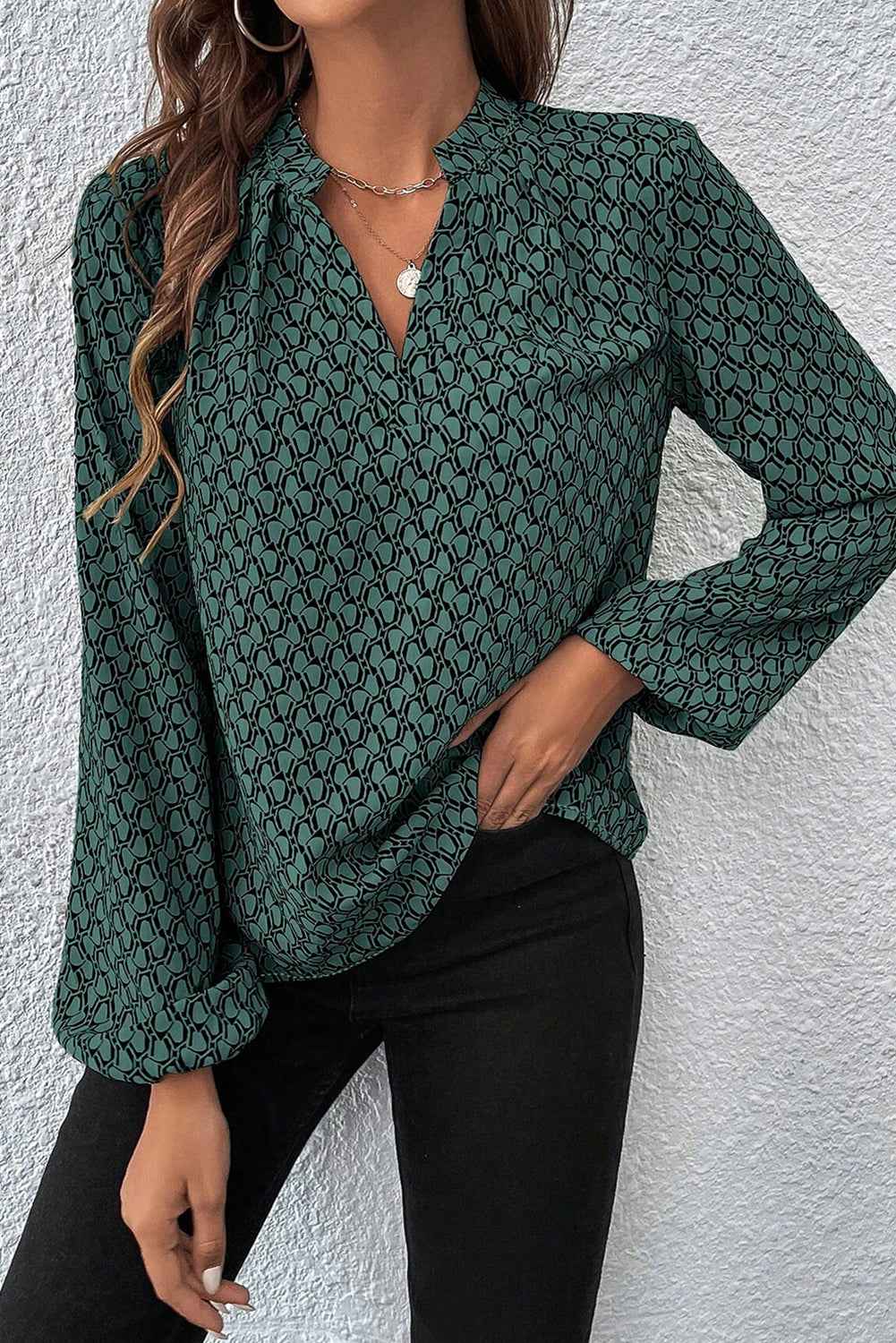 Green Geometric Print Blouse with Notched Neck and Long Sleeves