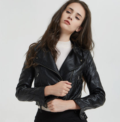 Spring Autumn Leather Women Short Stand-up Collar Slim Fit Motorcycle Faux Leather Washed Leather Rivet Women Short Coat