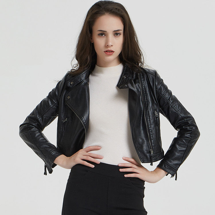 Spring Autumn Leather Women Short Stand-up Collar Slim Fit Motorcycle Faux Leather Washed Leather Rivet Women Short Coat