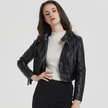 Spring Autumn Leather Women Short Stand-up Collar Slim Fit Motorcycle Faux Leather Washed Leather Rivet Women Short Coat