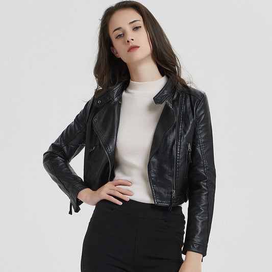 Spring Autumn Leather Women Short Stand-up Collar Slim Fit Motorcycle Faux Leather Washed Leather Rivet Women Short Coat