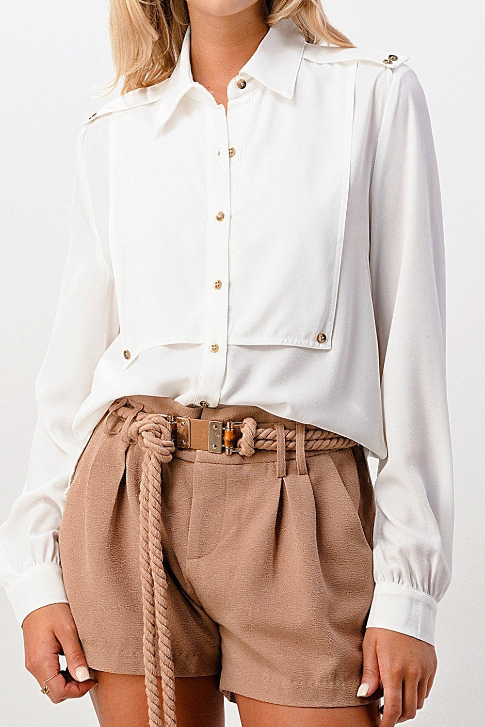 Long Sleeve Button-Down Blouse with Gold Button Accents | Apparel | Kitchen + Metal