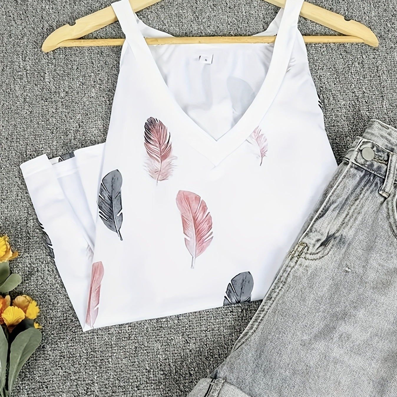 Ladies' V-neck Feather Print Fashionable Versatile Casual Blouse