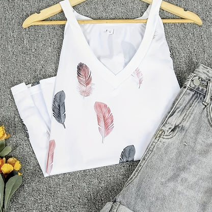 Ladies' V-neck Feather Print Fashionable Versatile Casual Blouse