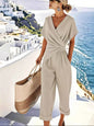 Full Size Surplice Short Sleeve Top and Pants Set Plus Size Pantsuit