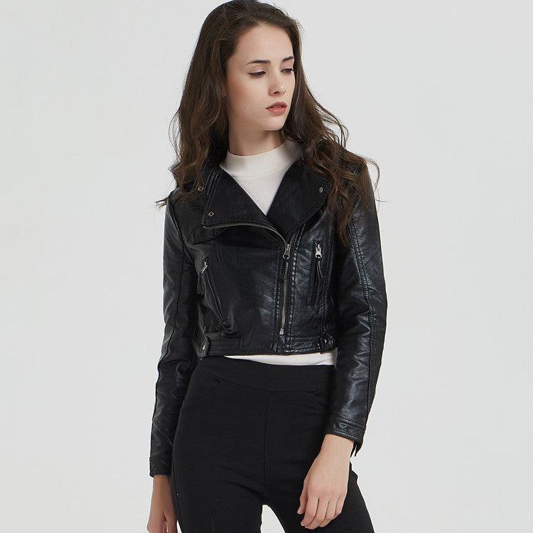 Spring Autumn Leather Women Short Stand-up Collar Slim Fit Motorcycle Faux Leather Washed Leather Rivet Women Short Coat
