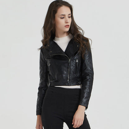 Spring Autumn Leather Women Short Stand-up Collar Slim Fit Motorcycle Faux Leather Washed Leather Rivet Women Short Coat