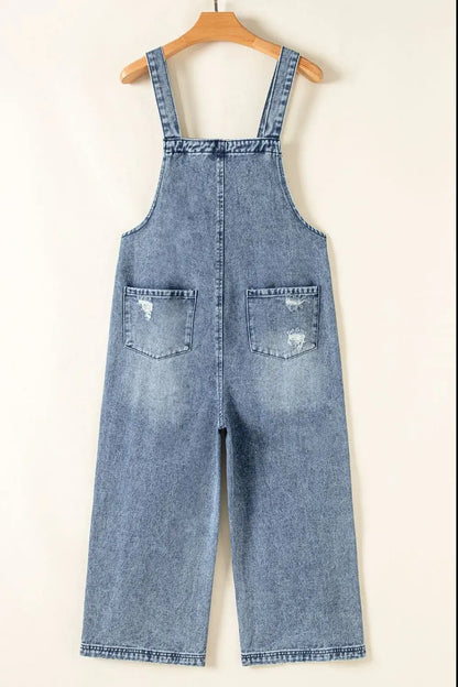Distressed Bib Pocket Wide Leg Denim Overalls