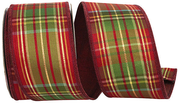 2.5" by 10 yds PLAID CRANBERRY METALLIC DELUXE BACKED WIRED EDGE