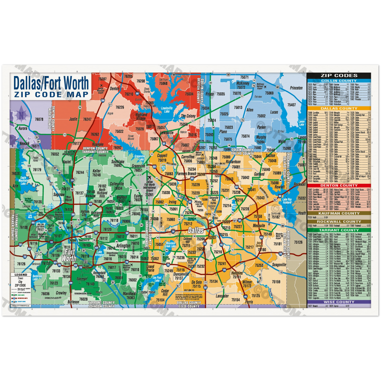 Dallas Fort Worth Zip Code Map - Counties Colorized - POSTER PRINTS