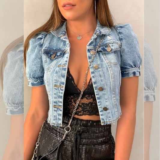Crop Denim Jacket Wind Cut Retro Tattered Jeans Puff Sleeve Denim Jacket Top