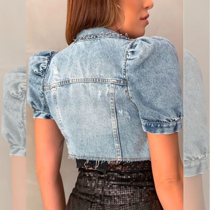 Crop Denim Jacket Wind Cut Retro Tattered Jeans Puff Sleeve Denim Jacket Top