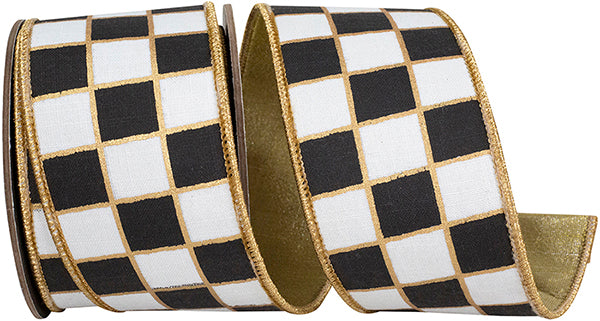 2.5" X 5 YARDS GILDED CHECK OUTLINED DELUXE METALLIC BACKED WIRED EDGE RIBBON BLACK/WHITE