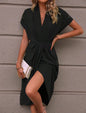 Summer Batwing Sleeve Dress - Stylish V-neck Pleated Short Sleeve Dress for Women