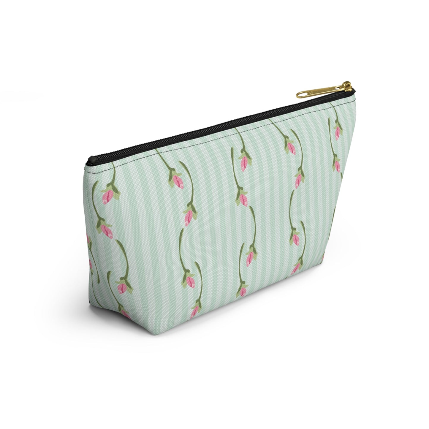 Customizable: Floral Print Accessory Pouch | Cute Makeup Bag, Travel Organizer, Gift for Her, Floral Clutch, Green Striped Bag